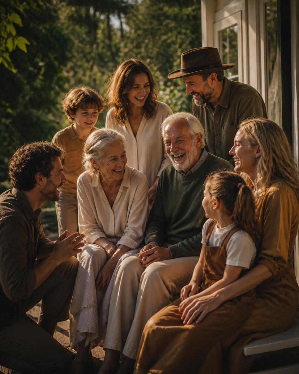 A multigenerational family gathered together on a sunlit porch, laughing