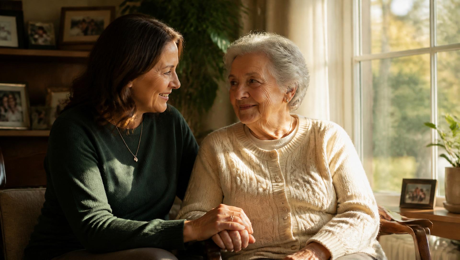 A daughter warmly holding her mother's hand in a sunlit living room