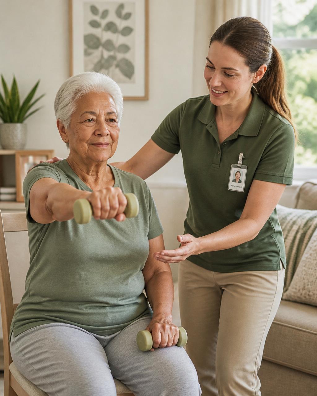 A therapist gently supporting a senior during a light in-home exercise